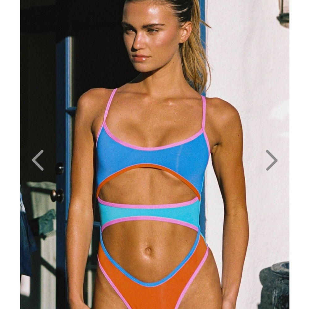 Bold Blue and Orange Cutout One Piece Swimsuit